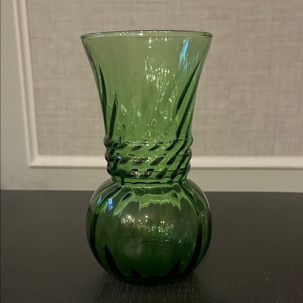Vintage Anchor Hocking Olive Green Glass Optic Swirl Vase is a handmade